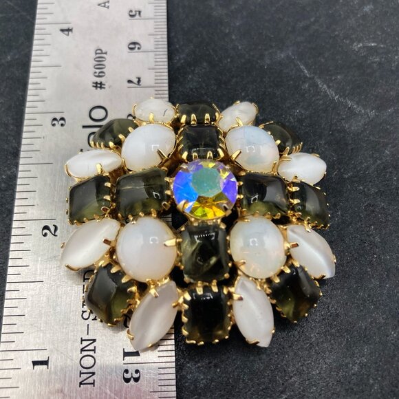 VINTAGE White moonstone, smoky grey, and AB rhinestone statement brooch goth pin - Picture 2 of 7